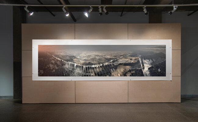 Paul Emile Rioux en el estudio: Landcuts panorama, Atelier 2023, 60 in X 240 in, Pigment print on Archival paper.