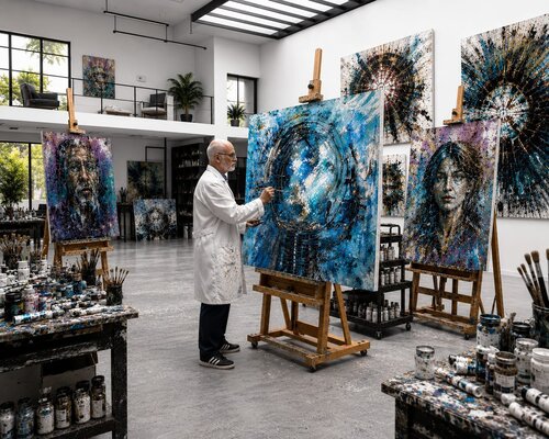 Maurizio Castagna in the Studio: "L'atelier è il luogo in cui le opere convivono, si osservano e si trasformano reciprocamente. Qui ogni tela rappresenta una tappa di un percorso che da anni ruota attorno al dialogo tra energia, memoria e materia. I cerchi radiali non sono semplici 