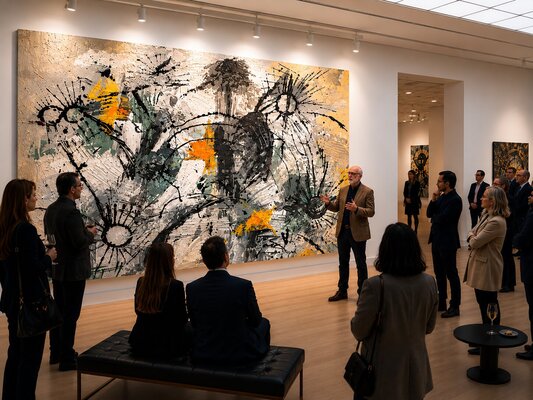 Maurizio Castagna in the Studio: "Berlino, dialogo con il pubblico davanti a una grande tela della serie dei Cerchi Radiali. Un momento di confronto in cui il linguaggio della pittura diventa esperienza condivisa tra artista, opera e osservatore."