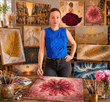 Khristina Billen en el estudio: Sous les toits d’une maison moscovite se trouvait mon atelier — un lieu paisible, baigné de lumière, de bois et d’innombrables expérimentations de textures. C’est là qu’ont vu le jour des œuvres inspirées par la beauté des fleurs, la féminité et l’es