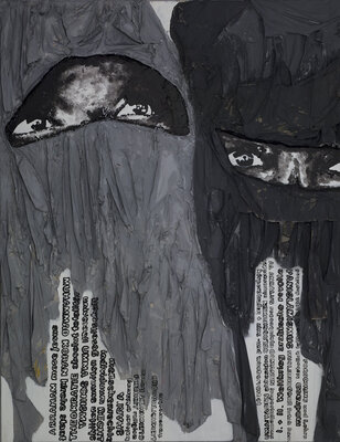 Andreas Gleich nello studio: Muslima. Exhibition Gallery M4 Wiesbaden 2009. Photo from the workbook "GRENZERFAHRUNG - Fluchtziel Europa". Release date 2023.