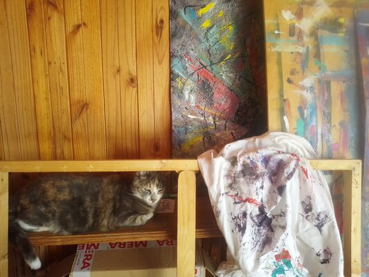 Irma Engelbrecht im Studio: My cat "Bibi"  loves to watch me paint....