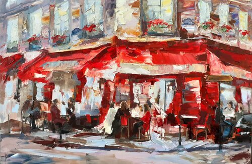 Au café rouge par Olga Novokhatska, Peinture en vente sur Singulart