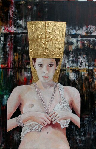 Frauenakt mit Goldhaube von Sylvia Vandermeer, Malerei kaufen auf Singulart