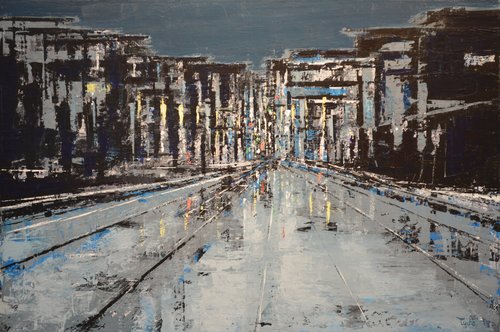 Station in Black and Blue par David Tycho, Peinture en vente sur Singulart