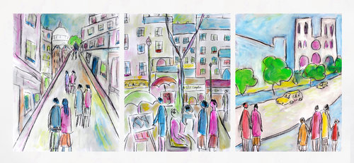 TRIPTYQUE TOURISTES à PARIS par Jean Mirre, Œuvre sur papier en vente sur Singulart