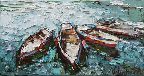 Boats in the bay - Original oil painting par Anastasiya Valiulina, Peinture en vente sur Singulart