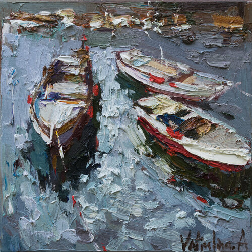 Boats in the bay - Original oil painting par Anastasiya Valiulina, Peinture en vente sur Singulart