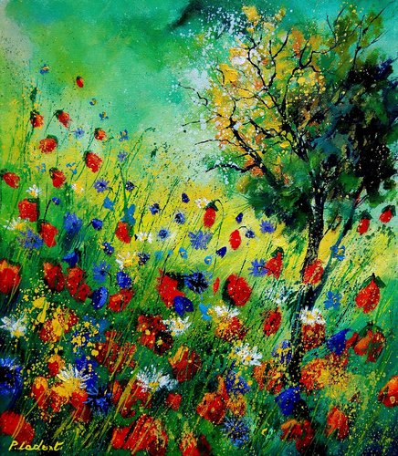 Blue and red poppies 67 van Pol Ledent, Schilderij te koop op Singulart