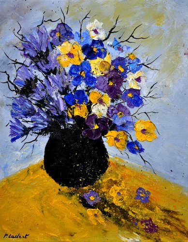 A few pansies and cornflowers van Pol Ledent, Schilderij te koop op Singulart