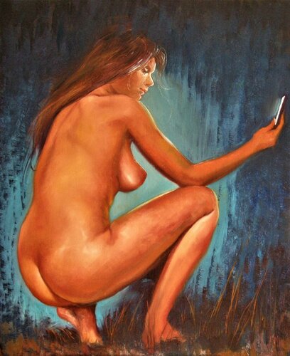 🤳 Selfie au clair de Lune 🤳 Moonlight Selfie 🤳 Mondschein-Selfie von Isabel Mahe, Malerei kaufen auf Singulart