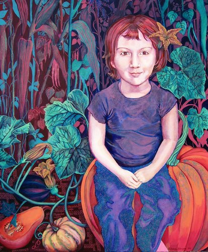 Les trois sœurs: maïs, haricot, courge par Johanne Bilodeau, Peinture en vente sur Singulart