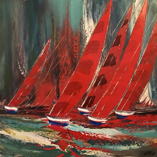 Régate rouge... (Esprit Voile 2018) van Olivier Messas, Schilderij te koop op Singulart