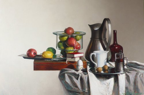 Stillleben mit Metall Krug und Äpfeln. by Sergej Sologub, Painting for Sale on Singulart
