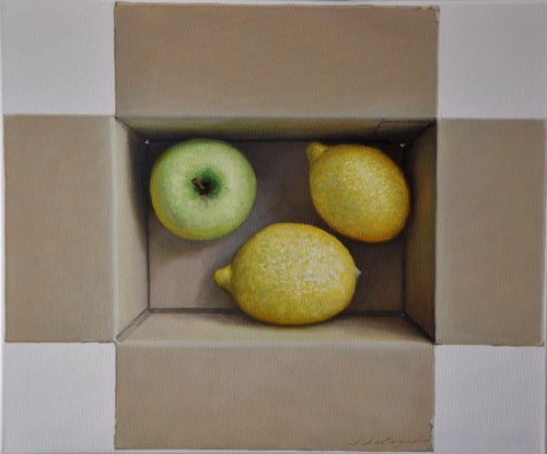Stillleben mit Apfel und Zitronen di Sergej Sologub, Pittura in vendita su Singulart