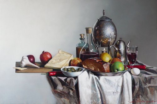 Stillleben mit Wein und Brot by Sergej Sologub, Painting for Sale on Singulart