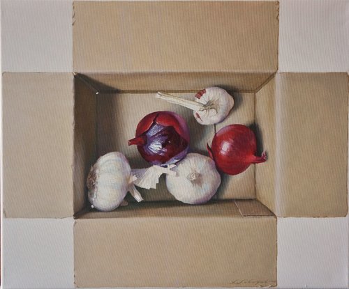 Stillleben mit roten Zwiebeln und Knoblauch di Sergej Sologub, Pittura in vendita su Singulart