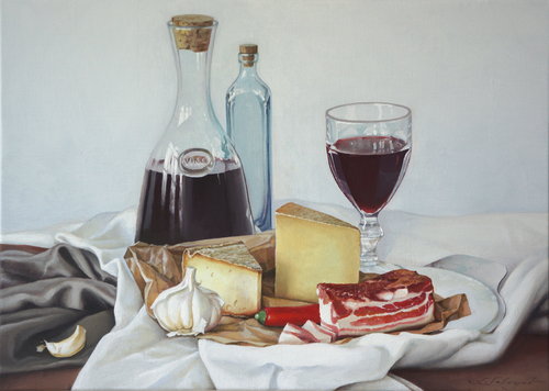 Stillleben mit Wein und Käse by Sergej Sologub, Painting for Sale on Singulart