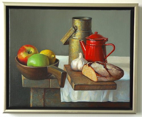 Stillleben mit rote Kanne und Knoblauch di Sergej Sologub, Pittura in vendita su Singulart