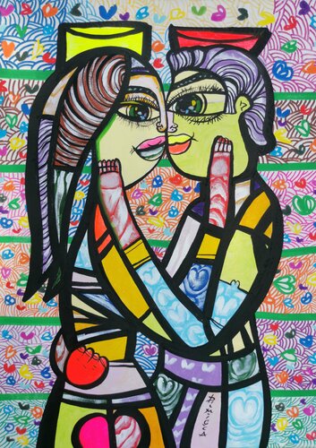 Hugging in love 1 beautiful colorfully love composition Dimisca 60  x 80 cm par Laurentiu Dimisca, Peinture en vente sur Singulart
