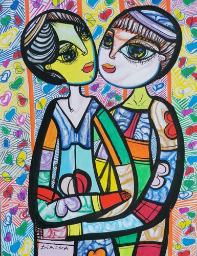 Hugging in love 2 beautiful colorfully love composition Dimisca 60  x 80 cm par Laurentiu Dimisca, Peinture en vente sur Singulart