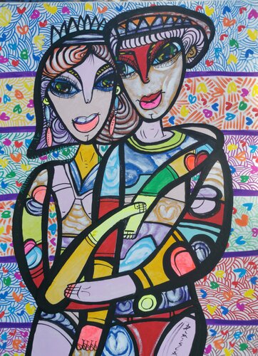 Hugging in love 4 beautiful colorfully love composition Dimisca 60  x 80 cm par Laurentiu Dimisca, Peinture en vente sur Singulart