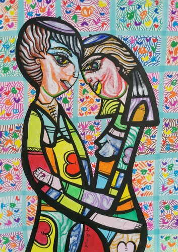 Hugging in love 6 beautiful colorfully love composition Dimisca 60  x 80 cm von Laurentiu Dimisca, Malerei kaufen auf Singulart