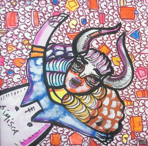 Lady Taurus in love colorful framed love composition zodiacal painting by Dimisca Laurentiu Dimisca