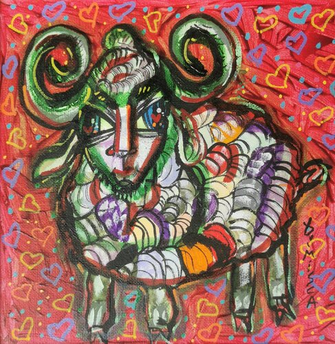 Aries in love colorful framed love composition zodiacal painting by Dimisca von Laurentiu Dimisca, Malerei kaufen auf Singulart