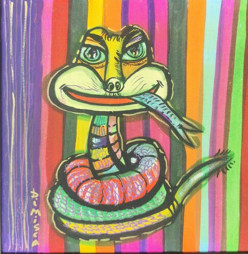 Snake in love colorful framed love composition Chinese zodiacal painting by Dimisca von Laurentiu Dimisca, Malerei kaufen auf Singulart