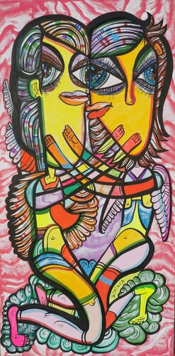 Angels in love 1 beautiful colorfully love composition Dimisca 50  x 100 cm von Laurentiu Dimisca, Malerei kaufen auf Singulart
