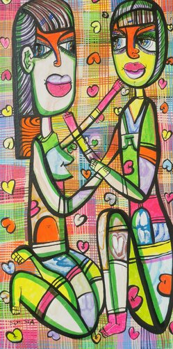 I love you unique pop naive style by Romanian master portrets Dimisca von Laurentiu Dimisca, Malerei kaufen auf Singulart