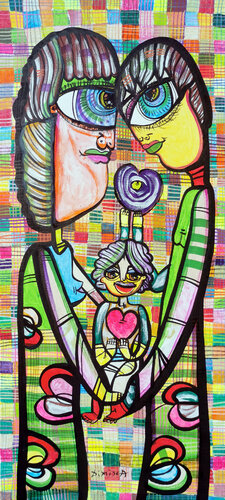 Family fascinating unique pop naive style my Romanian master portrets Dimisca van Laurentiu Dimisca, Schilderij te koop op Singulart