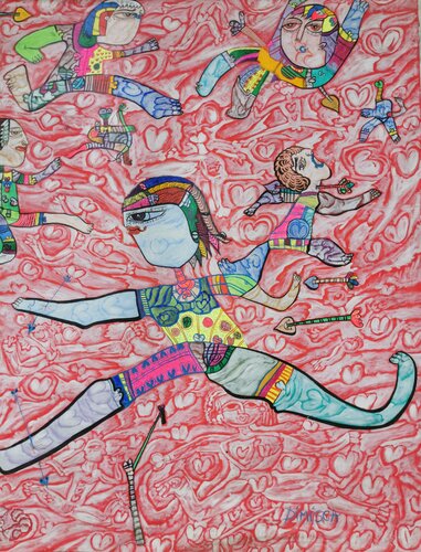 Large XXL pop naive painting beautiful childish style about love and humanity by master L DIMISCA di Laurentiu Dimisca, Pittura in vendita su Singulart