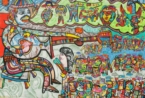 Large XXL pop naive painting beautiful childish style Why the guitars are crying by master L DIMISCA di Laurentiu Dimisca, Pittura in vendita su Singulart