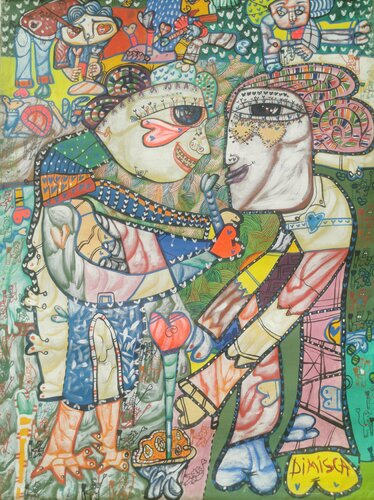Large XXL pop naive painting beautiful childish style Gathering hearts by master L DIMISCA di Laurentiu Dimisca, Pittura in vendita su Singulart