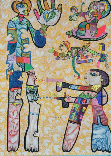 Shot me with hearts Large XXL pop naive painting beautiful childish style about love and humanity by master L DIMISCA von Laurentiu Dimisca, Malerei kaufen auf Singulart