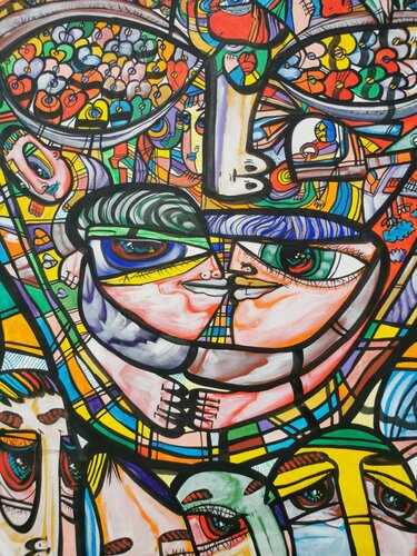 Large XXL pop naive painting beautiful childish style Heartfelt looks by master L DIMISCA di Laurentiu Dimisca, Pittura in vendita su Singulart