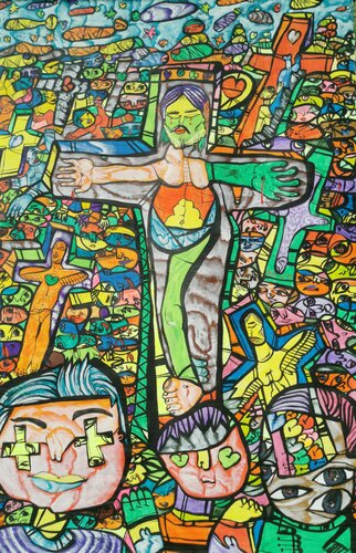 Large XXL pop naive painting beautiful childish style about love and humanity Crucifixion 1 by master L DIMISCA di Laurentiu Dimisca, Pittura in vendita su Singulart