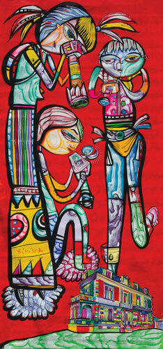 Japanese paparazzi chasing rehabilitated houses van Laurentiu Dimisca, Schilderij te koop op Singulart