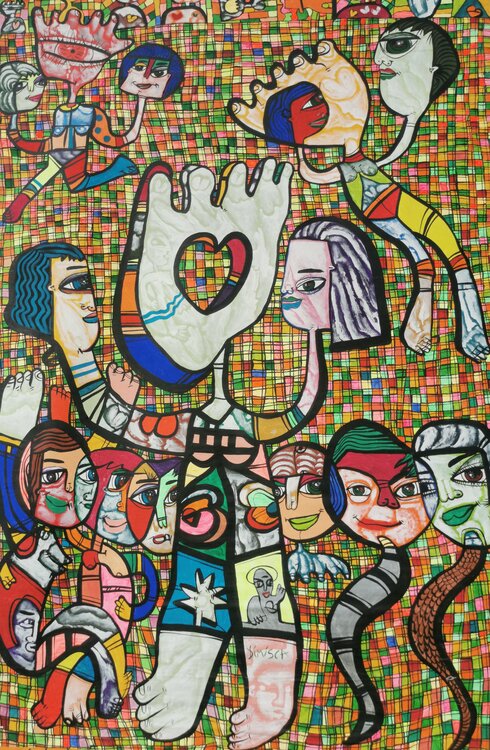 Give a hand of help Large XXL pop naive painting beautiful childish style about love and humanity by master L DIMISCA Laurentiu Dimisca