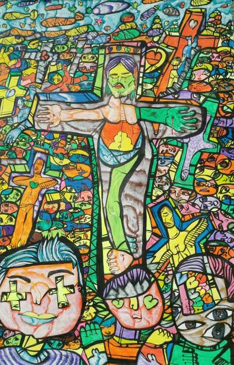 Large XXL pop naive painting beautiful childish style about love and humanity Crucifixion 1 by master L DIMISCA Laurentiu Dimisca