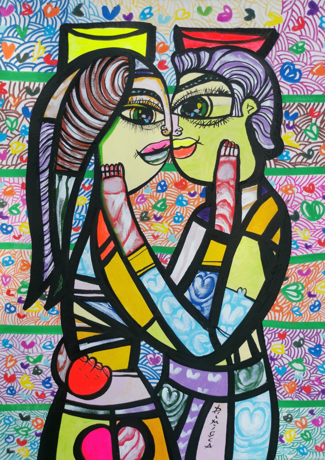 Hugging in love 1 beautiful colorfully love composition Dimisca 60  x 80 cm Laurentiu Dimisca Originalgemälde zu verkaufen