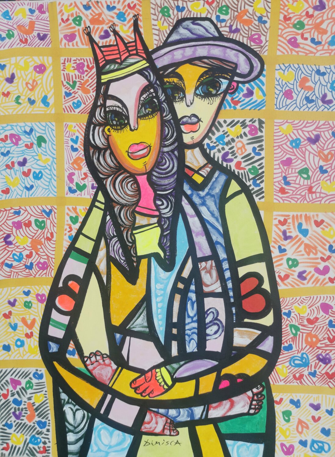 Hugging in love 8 beautiful colorfully love composition Dimisca 60  x 80 cm Laurentiu Dimisca Peinture originale à vendre