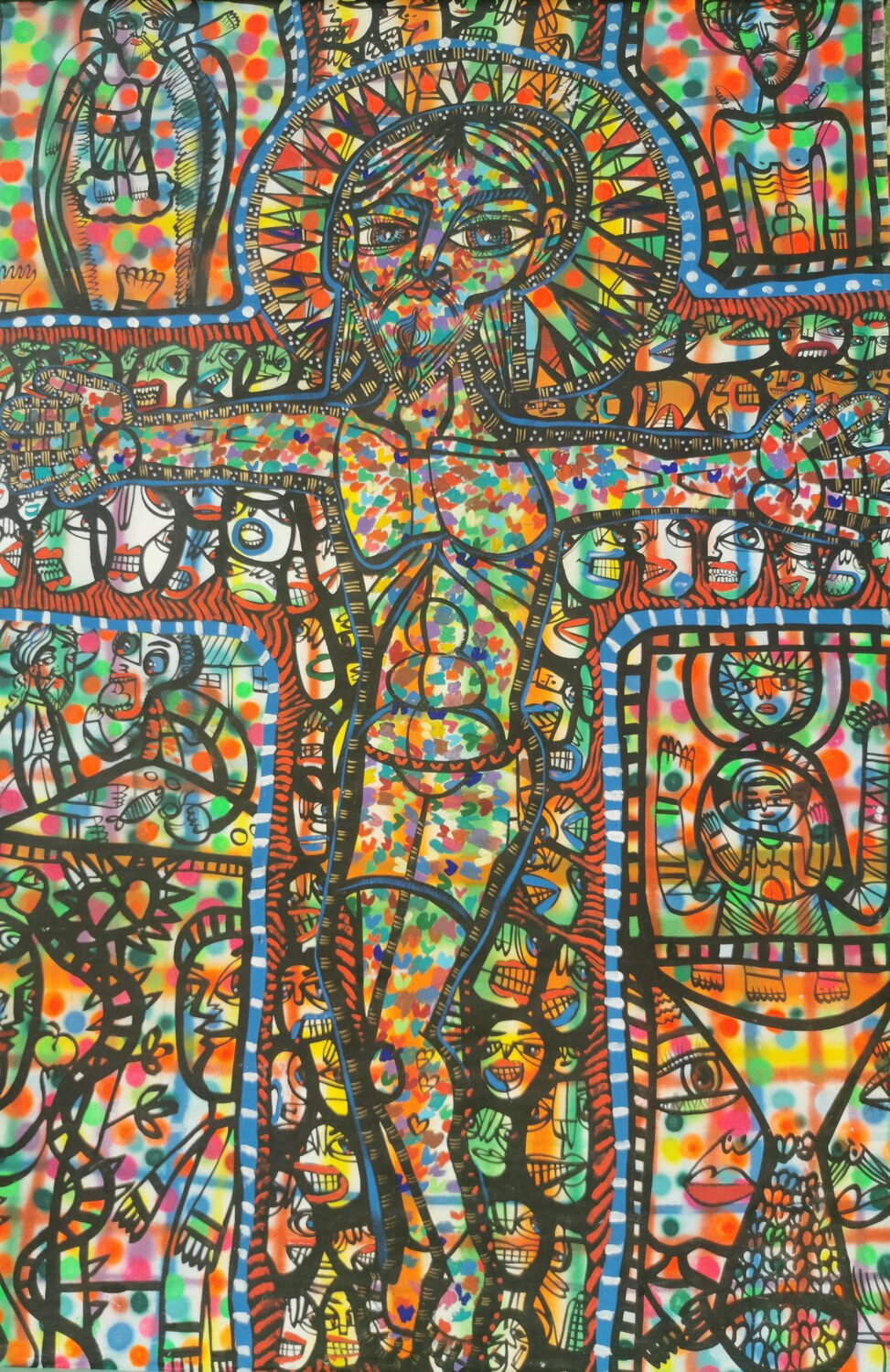 Large XXL pop naive painting beautiful childish style about love and humanity Crucifixion 2 by master L DIMISCA Laurentiu Dimisca