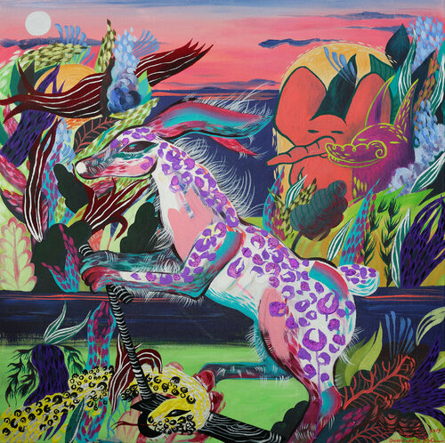 White rabbit walk on white nights. Elephant and wolf by Anna Onikiienko, Painting for Sale on Singulart