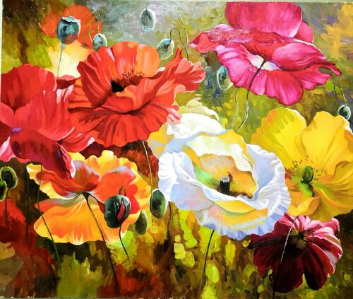 Bright summer poppies Original Oil Painting Red White Yellow Wonderful flowers by Lilya Guseva, Painting for Sale on Singulart
