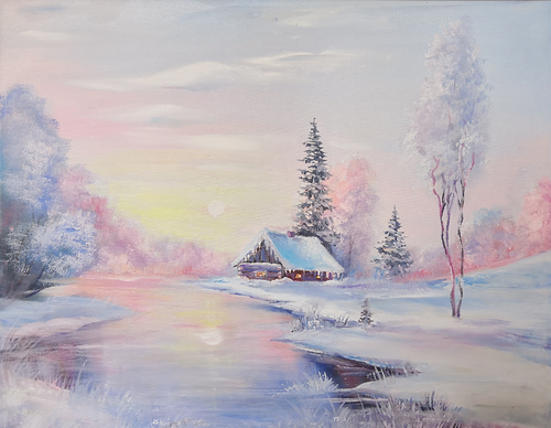 "Christmas morning. Pink winter landscape" Original Oil Painting by Lilia Volskaya by Lilya Guseva, Painting for Sale on Singulart