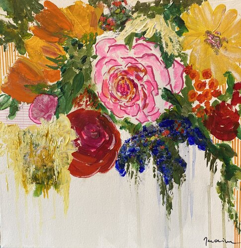 Roses et rayures orange von Florence Maraine Bertrand, Malerei kaufen auf Singulart