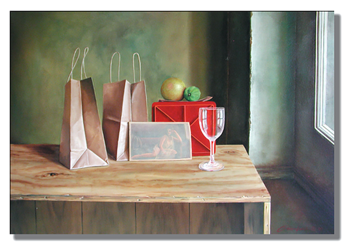 Girl and two bags - Original Painting on Canvas di Gardani, Pittura in vendita su Singulart